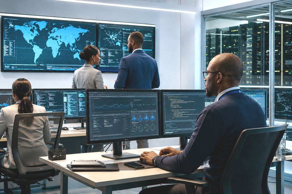 Team monitoring ICT systems on multiple screens in a control room.